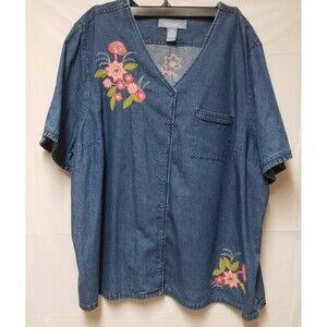 Womens Liz & Me Denim Blue Short Sleeve Top Embroidered Cottage Core Sz 3X Po Ex